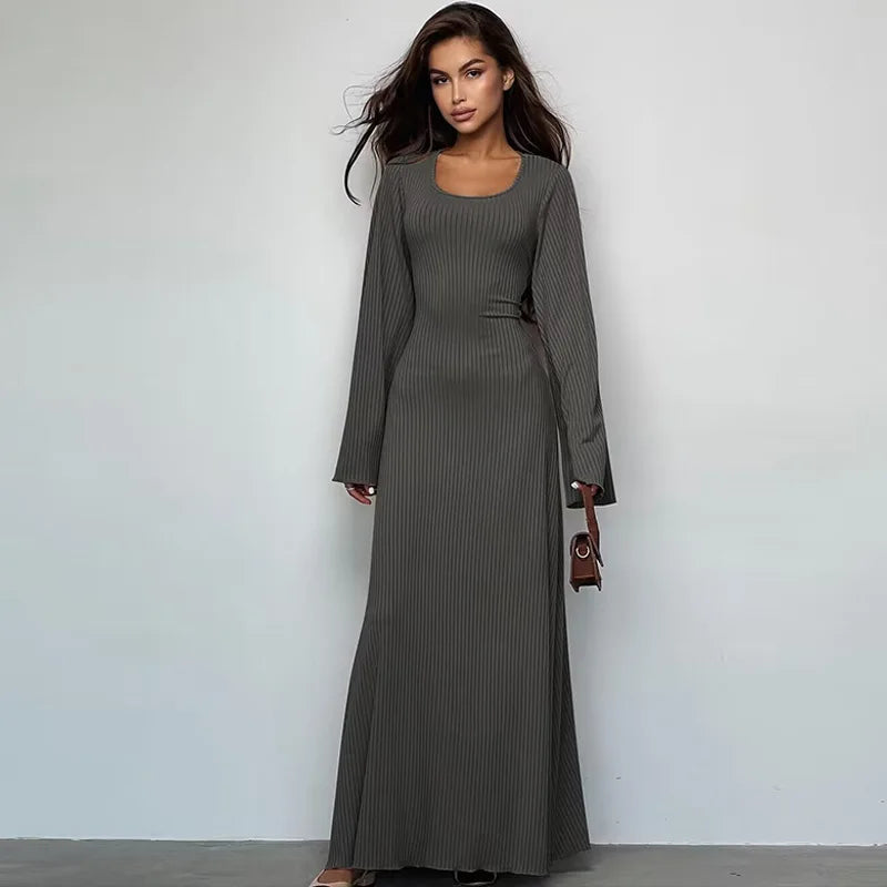 Quiet Luxury Aesthetic - Elegant Ribbed Bell Sleeve Maxi Dress