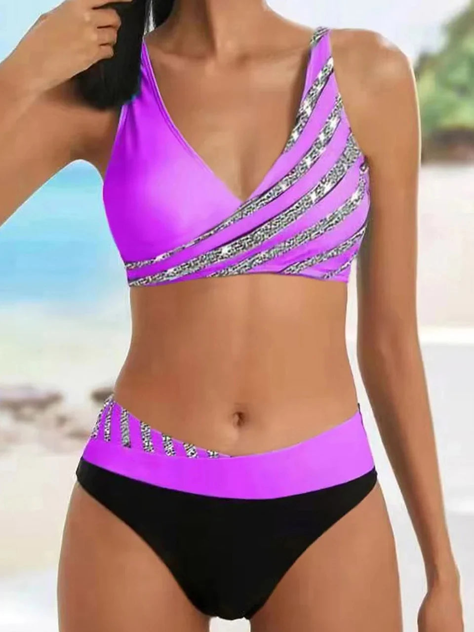 Black and Silver Glitter Striped Bikini Aesthetic