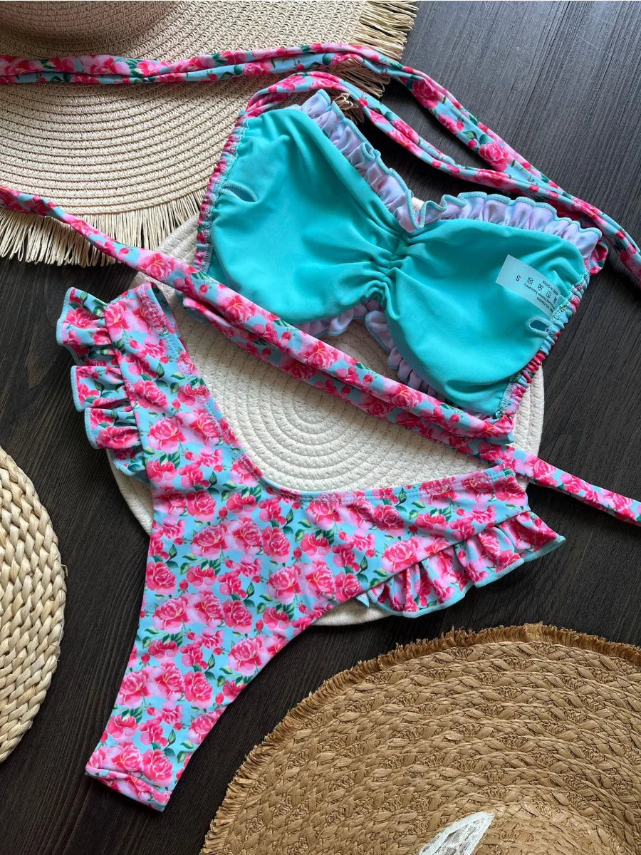 2025 Ruffle Strap Triangle Bikini Set Sexy Push Up Womens Swimwear Solid Color Bathing Suit For Summer Beachwear