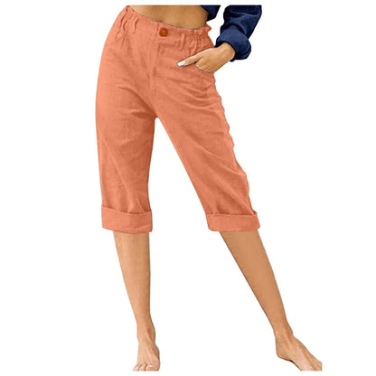 Button Fly Elastic Waist Cool Women Capri Pants