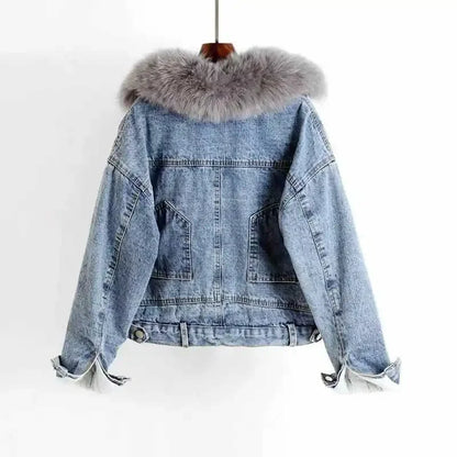 Furry Plush Neck Denim Jackets