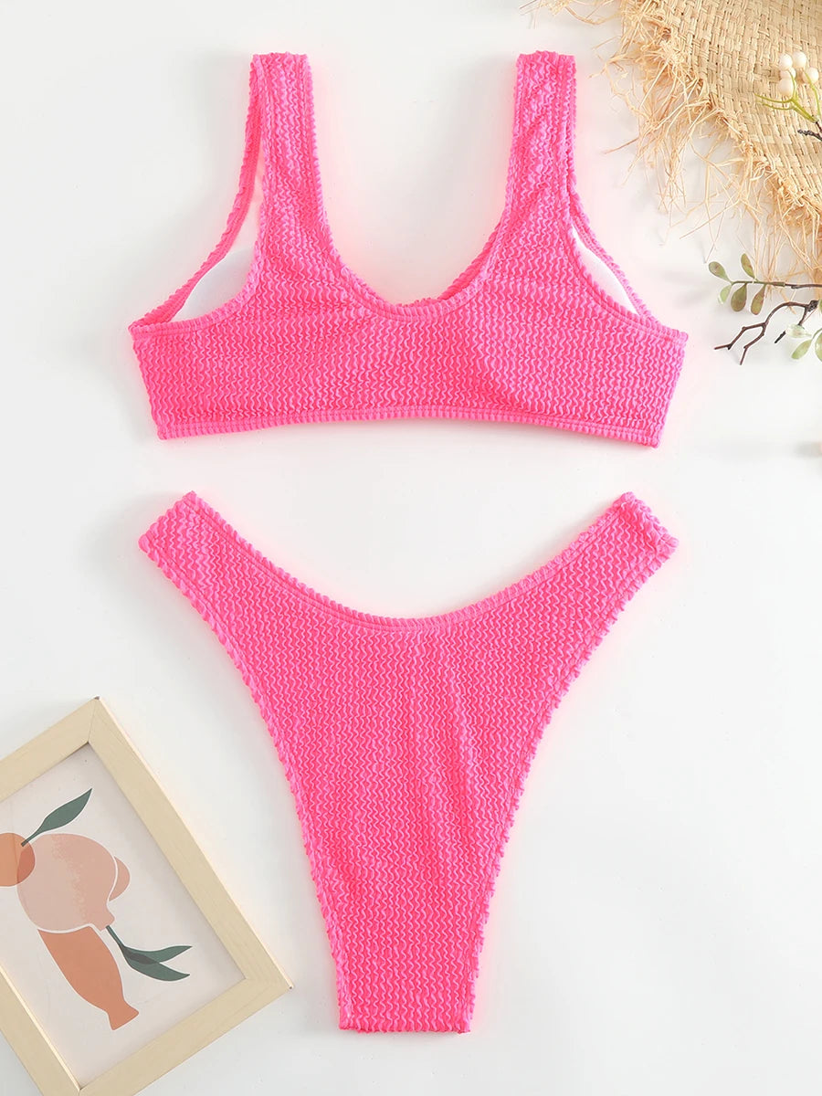 Green Textured Ribbed Bow Detail Bikini Aesthetic