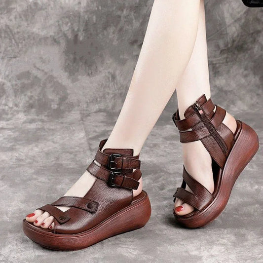 Womens Sandals Genuine Leather Platform Sandal 2025 Summer Thick Sole High Heels Ladies Sandal Summer Shoes For Women