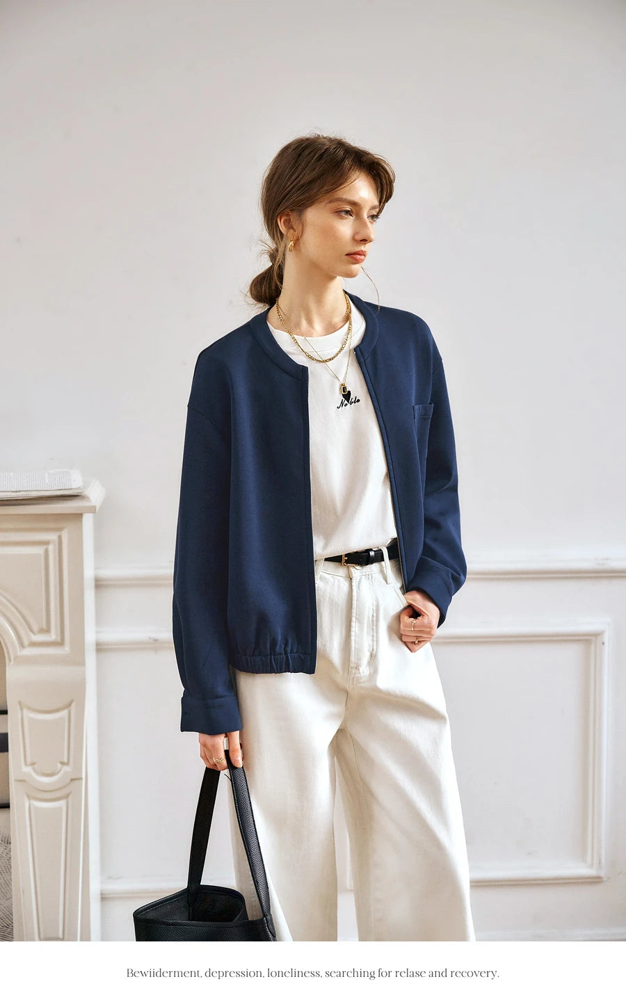 Navy Blue Cotton Blend Air Layer Casual Jacket Outerwear for Woman