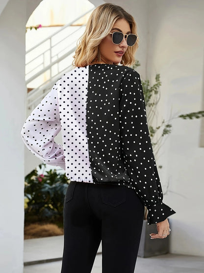 2024 V-Neck Polka Dot Blouse: Casual Office Wear for Women