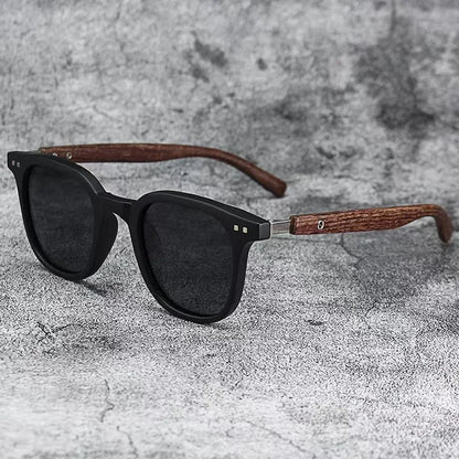 Nature Meets Tech: Matte Grey Sunglasses with Textured Wooden Temples