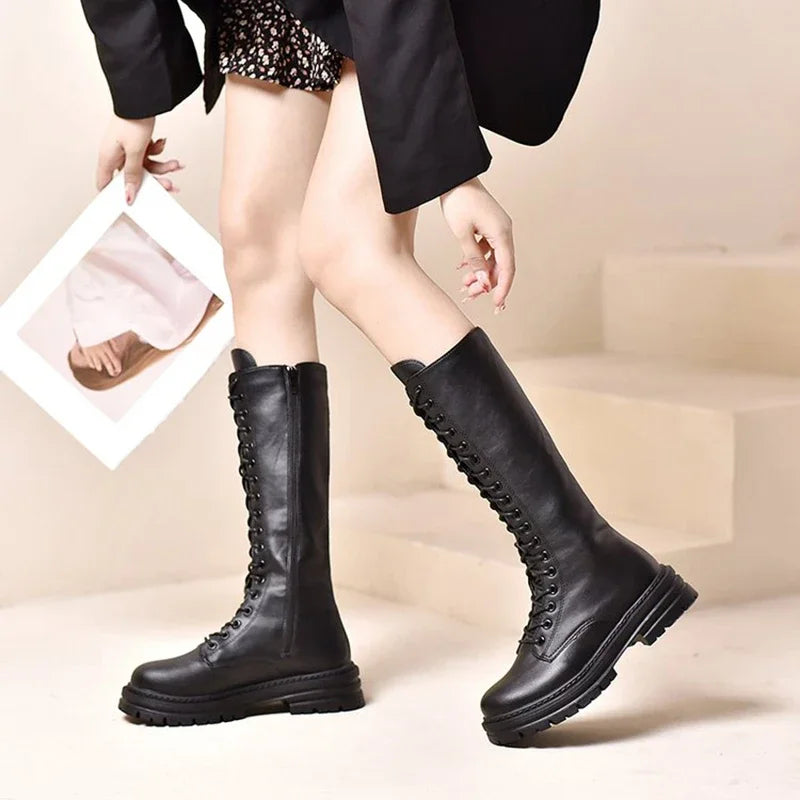Women’s Knee-High Platform Boots 2025 – Korean Style PU Leather Fleeced Chunky Heel Winter Boots