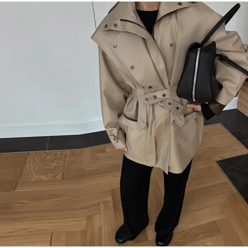 Cotton Khaki Long Turn Down Collar Belted Women Trench Coat