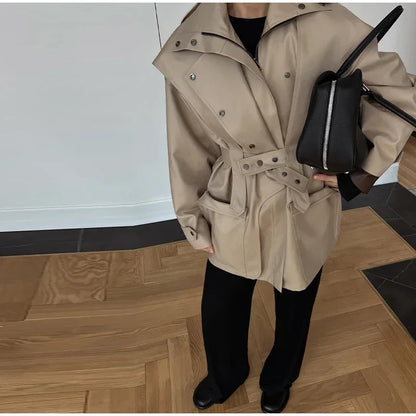 Cotton Khaki Long Turn Down Collar Belted Women Trench Coat