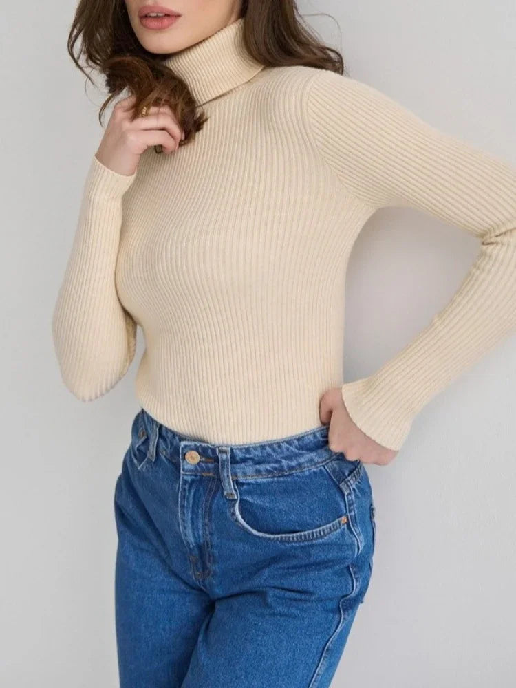 2025 Autumn Winter Women S Thick Ribbed Knitted Turtleneck Sweater Slim Fit Long Sleeve Pullover Soft Warm