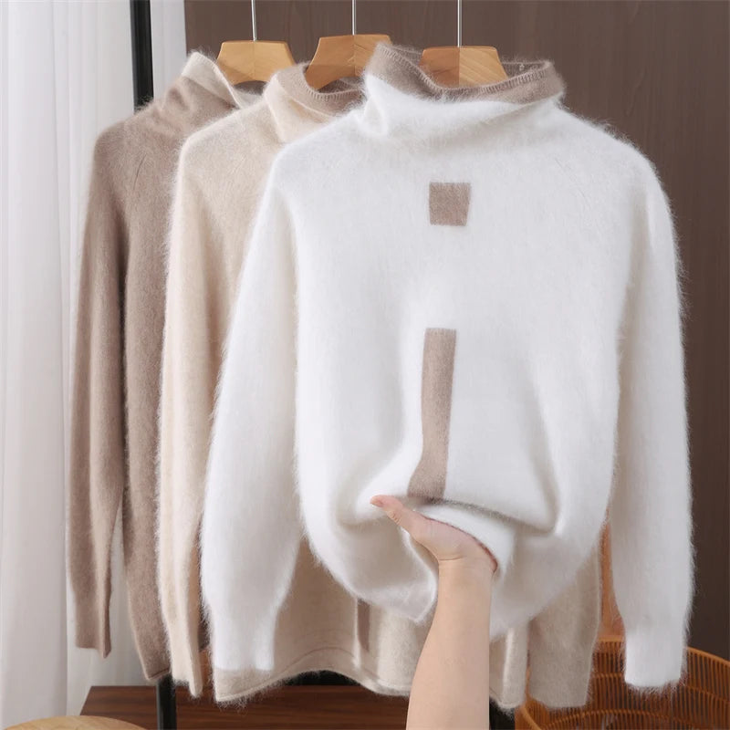2025 Winter Korean Knit Sweater Half High Collar Loose Pullover Imitation Mink Velvet Embroidered Warm Top For Women