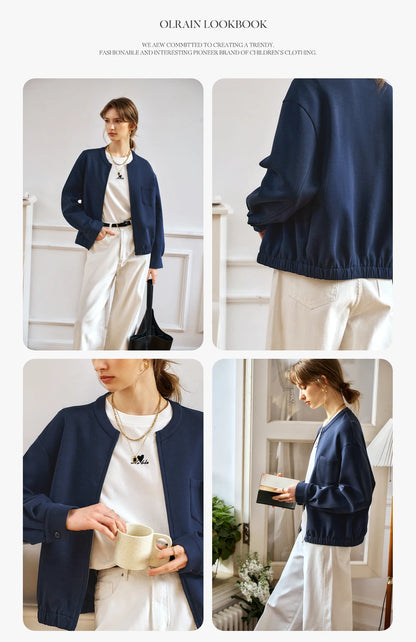 Navy Blue Cotton Blend Air Layer Casual Jacket Outerwear for Woman