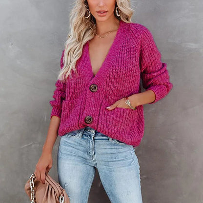 New Autumn Women's Knitted Top Cardigan Sweater Jacket, Casual Solid Color Button Style, Casual Clothing