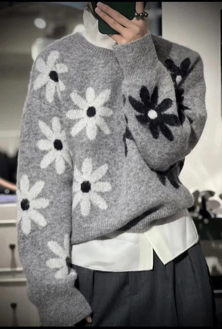 Flower Knitted Half Sleeve O Neck Sweaters