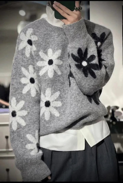 Flower Knitted Half Sleeve O Neck Sweaters