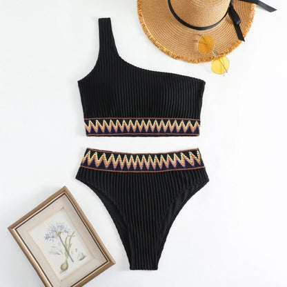 Geometric Print One Shoulder High Waisted Bikini