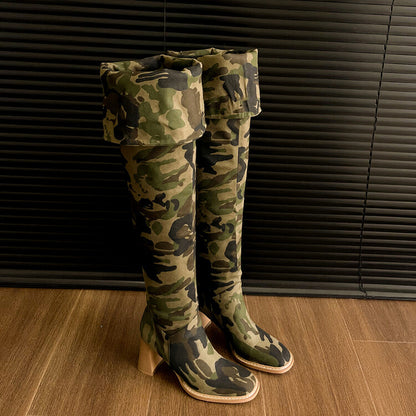 Fashion Over the Knee Boots for Women – New High-Quality Denim Camouflage, Round Toe High Heels, Modern Long Leg Boots