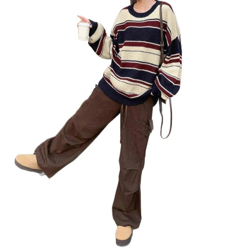 Womens Color Block Striped Loose Fit Winter Sweater