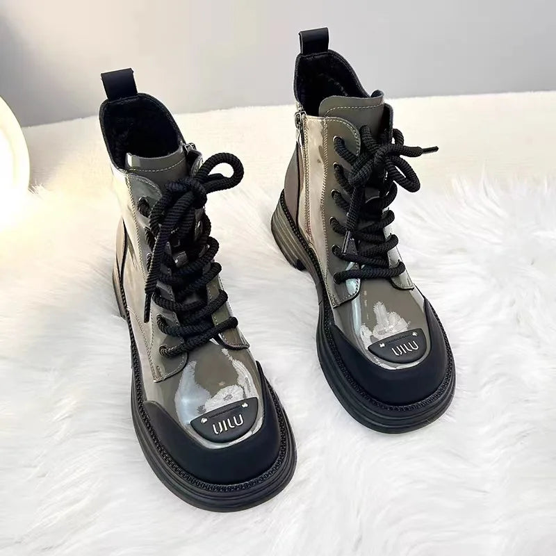 High-Top Women’s Martin Boots – Spring 2025 Round Toe Lace-Up Platform Ankle Boots