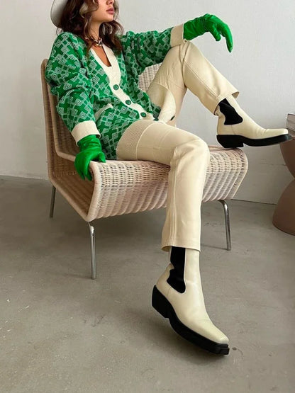 Geometric Jacquard V-Neck Knit Cardigan – Oversized 2025 Autumn/Winter