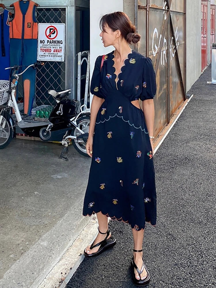 Fresh Summer Style Women V Neck Tapered Waist Dresses