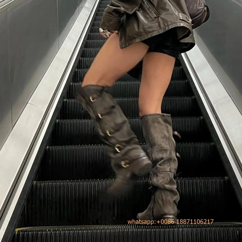 Womens Large Mid Length Retro Boots Buckle Casual Knight Boots For Autumn Winter 2025