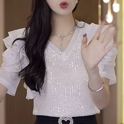 Butterfly Embroidery Puff Sleeve Top Sexy V Neck Cropped Blouse For Summer