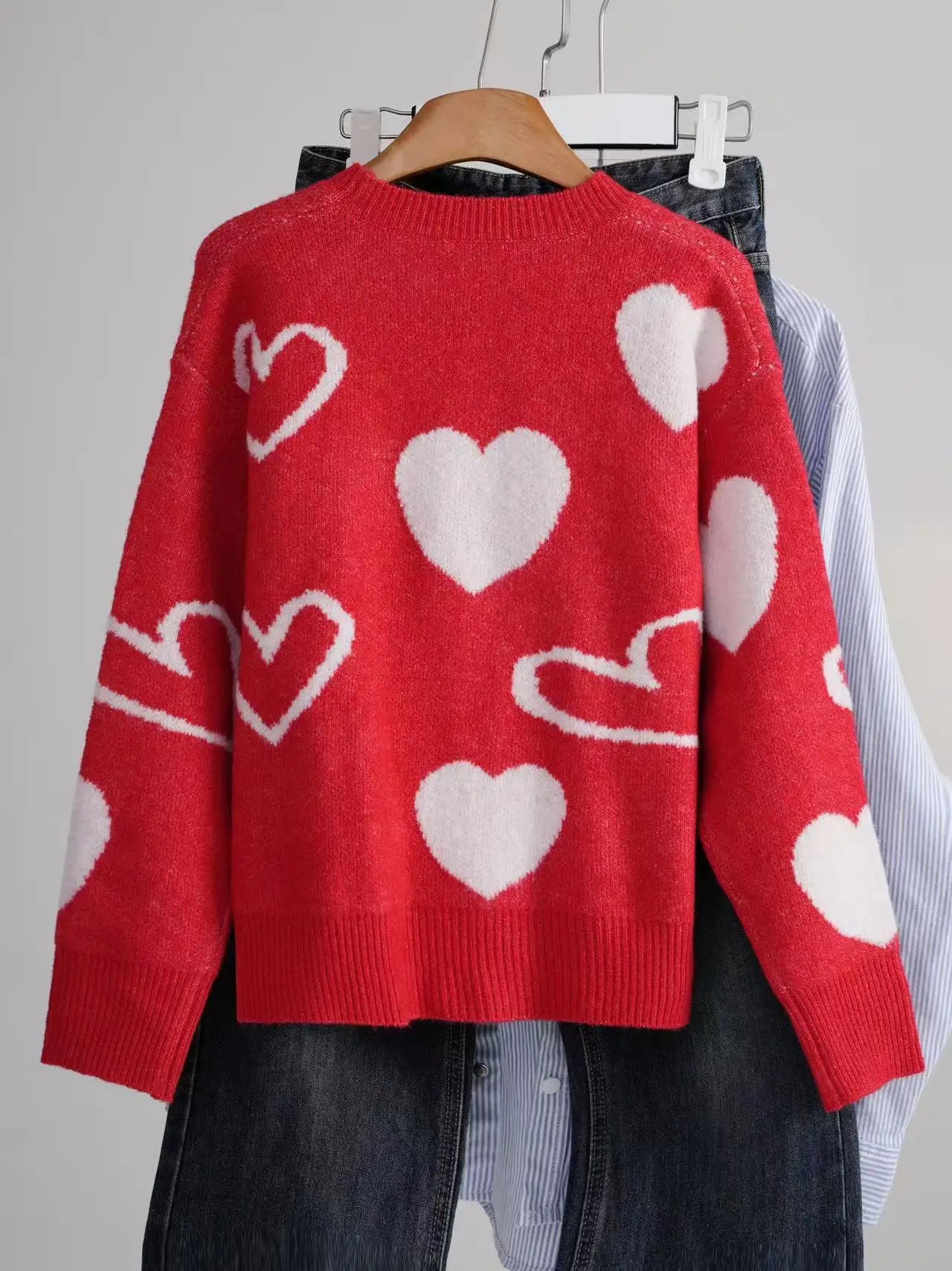 Women S Fashionable Fall Winter Heart Print Sweater Cozy Pullover For Leggings Trendy Winter Sweater With Sweat Necklace