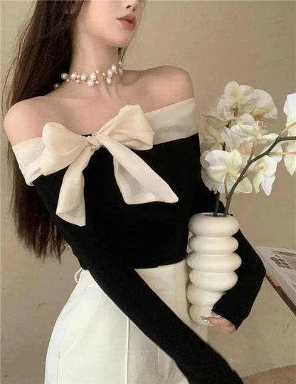 Off-Shoulder Bow T-Shirt for Women – Sexy Exposed Clavicle Crop Top, Elegant Korean Long Sleeve Spring & Autumn Shirt