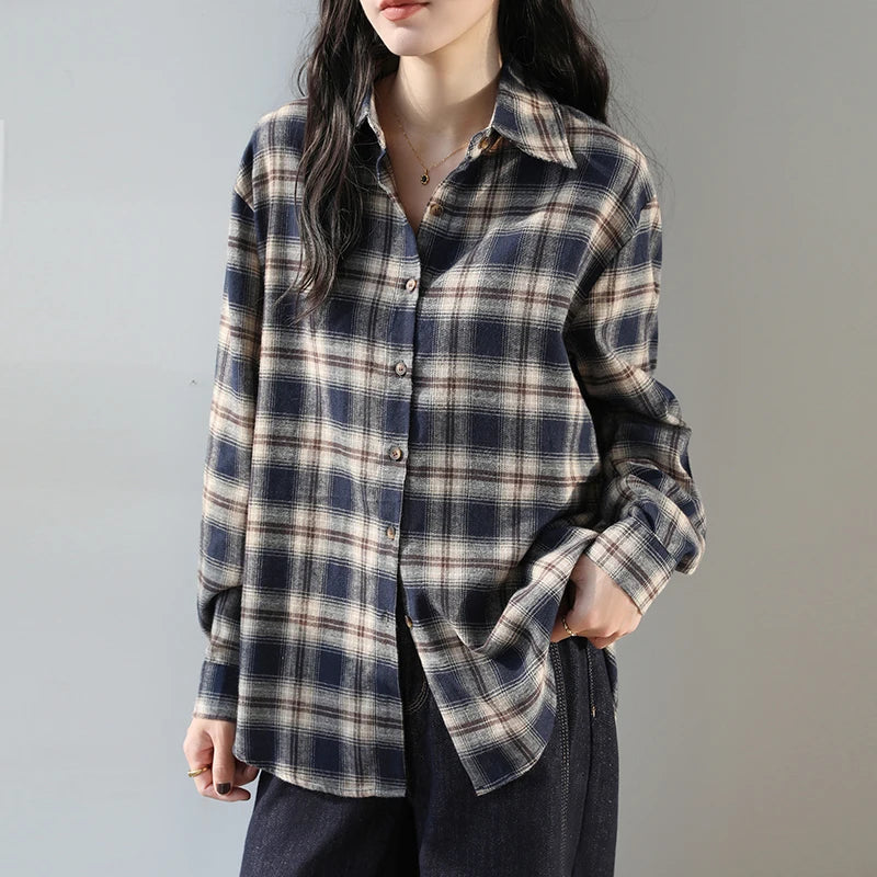 Chic Korean Plaid Blouse Sweet Autumn Casual Style