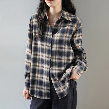 Chic Korean Plaid Blouse Sweet Autumn Casual Style