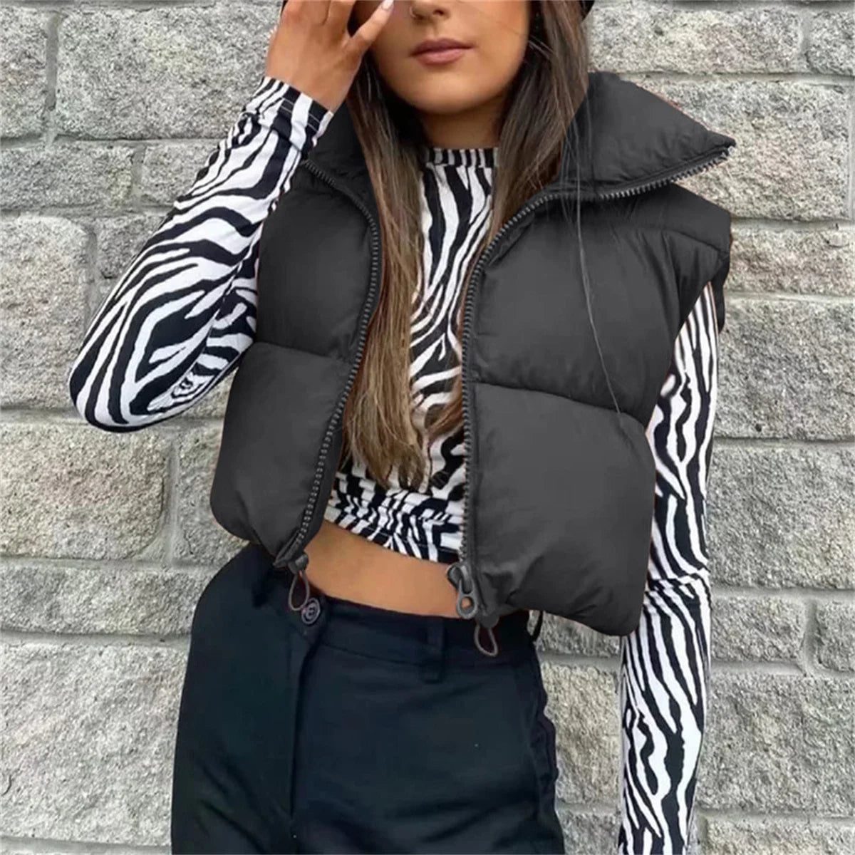 Fall Winter Womens Fashion Cropped Vest Coat Black Stand Collar Zipper Waistcoat Stylish Casual Outerwear For Ladies
