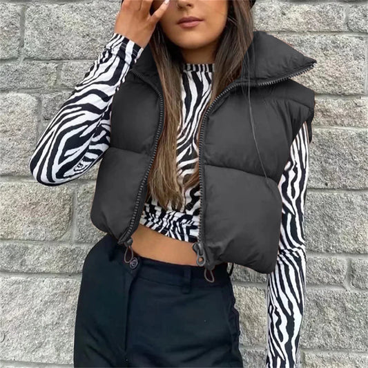 Fall Winter Womens Fashion Cropped Vest Coat Black Stand Collar Zipper Waistcoat Stylish Casual Outerwear For Ladies