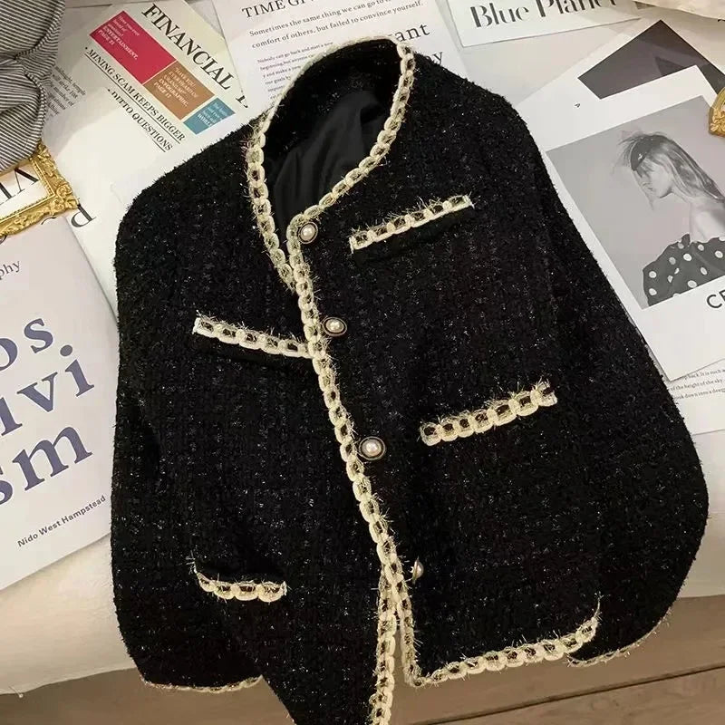 Round Neck Tweed Jacket for Effortless Elegant Office Chic Street Style