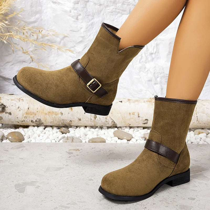 Designer British Style Square Low Heel Faux Suede Boots For Women