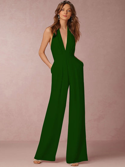 Elegant Evening Party Jumpsuit for Women – Solid Color, Sexy Halterneck, Wide-Leg Trousers with Pockets