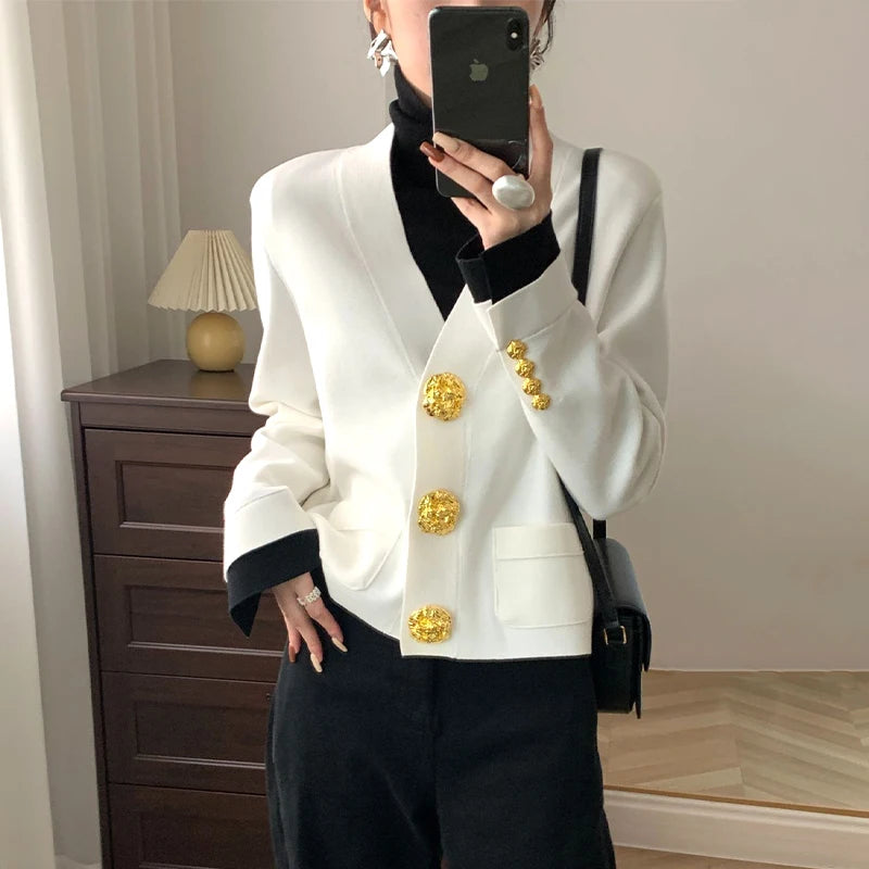 Flap Pocket Big Button V Neck Cardigan