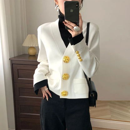 Flap Pocket Big Button V Neck Cardigan