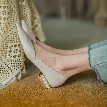 Elegant Pearl Low Heel Pointed Flat Shoes