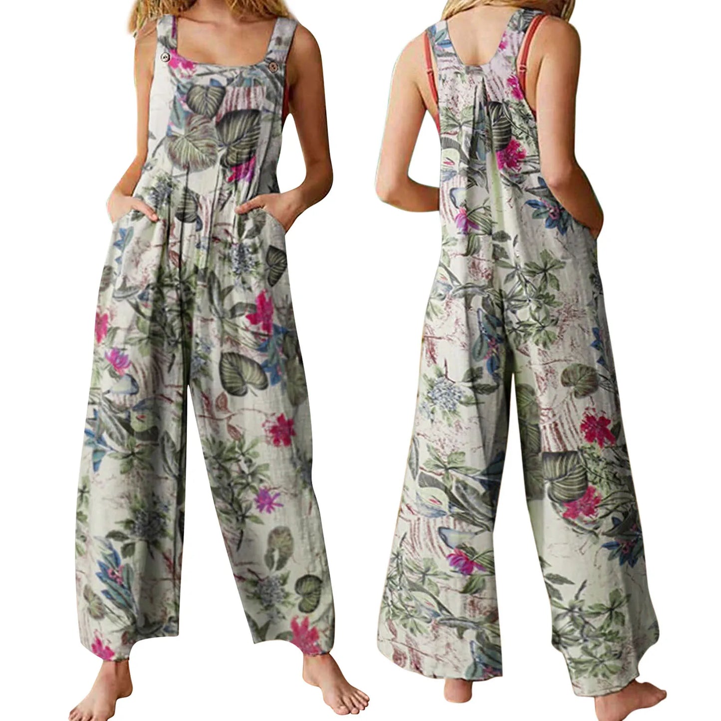 Women S Ethnic Style Jumpsuit Off Shoulder Floral Print Romper Sleeveless Summer Overalls With Pockets