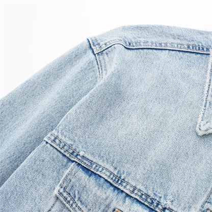 High Street Style Woman Casual Blue Cropped Denim Jacket