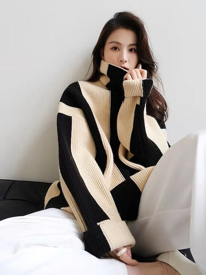 2025 Women's Turtleneck Pullover – Black & White Striped Sweater, Elegant Knit Top for Autumn/Winter Outerwear