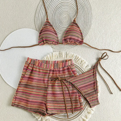 Boho Multi-Color Striped Crochet Bikini and Shorts Set Aesthetic
