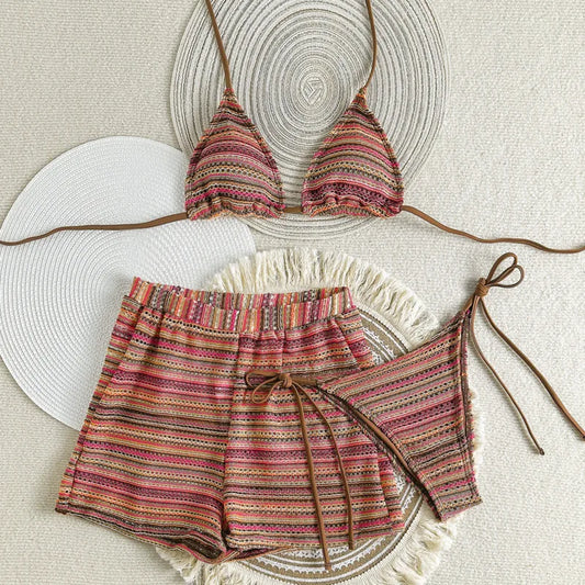 Boho Multi-Color Striped Crochet Bikini and Shorts Set Aesthetic