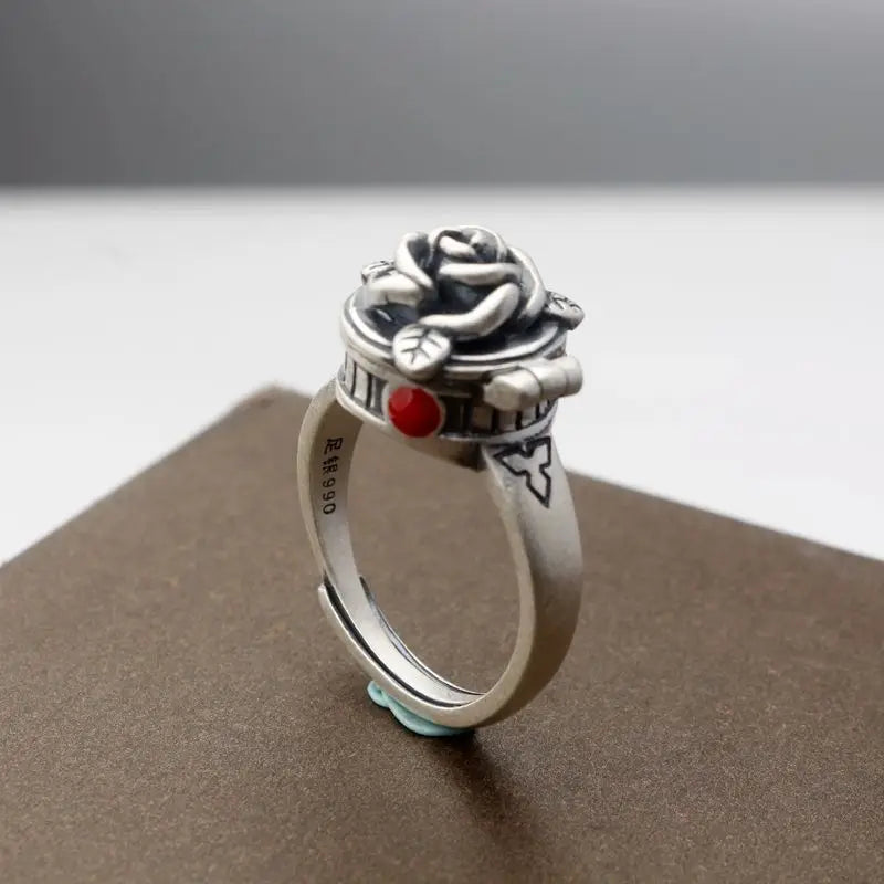 Vintage Open Band Silver Ring – Adjustable Plant Design Statement Ring