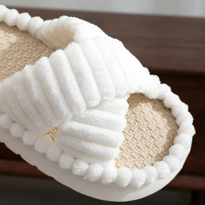 Open-Toe Cross Band Linen Soled Indoor Slippers For Winter