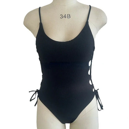 Black Ribbed Lace Up Swimsuit Aesthetic