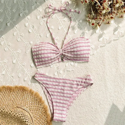 2025 Striped Ruffle Bikini Set High Waist Two Piece Swimwear For Women Bandeau Bathing Suit