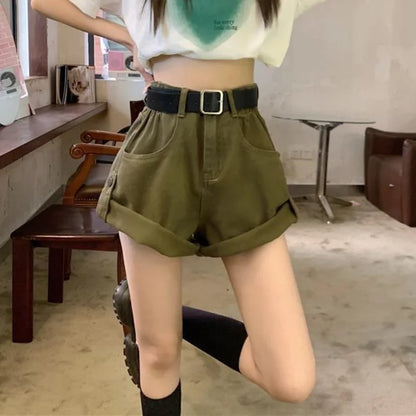Casual Outing: High-Waisted Khaki Green Denim Shorts