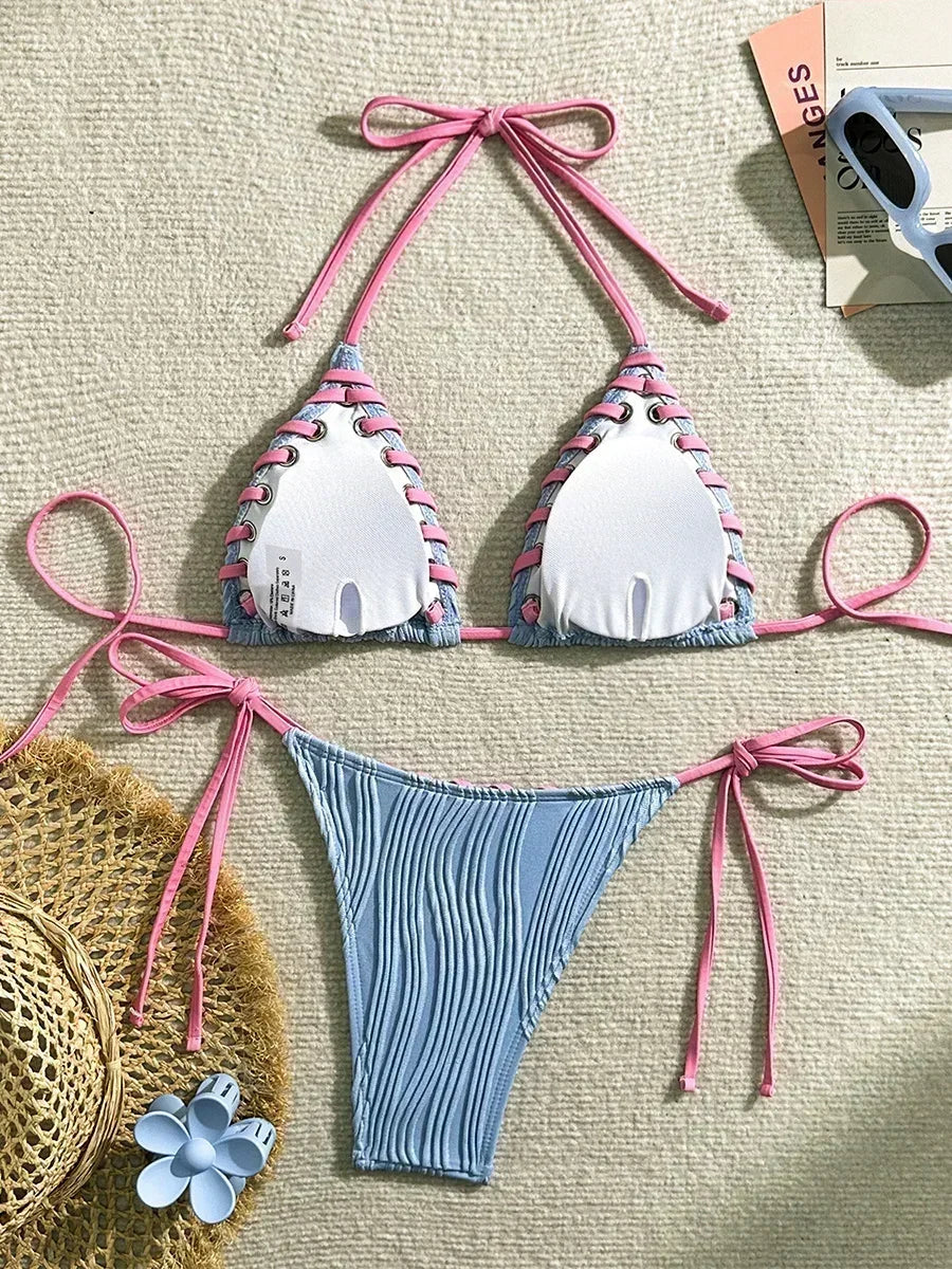 Wrinkled Weave Edge Two Piece Halter Bikini